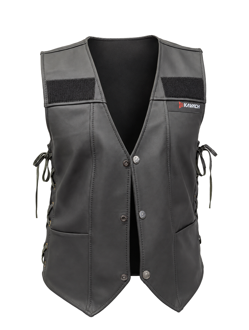Kavach Heavy Leather Motorcycle Waistcoat | Classic & Royal Enfield Patch Vest | Adjustable Biker Leather Half Jacket